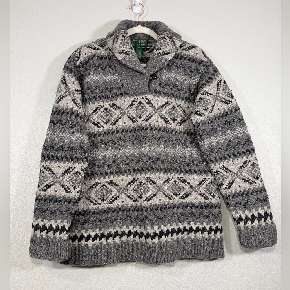 Vintage Lauren Ralph Lauren Sweater Hand Knit 100% Wool Black Gray Geometric Med